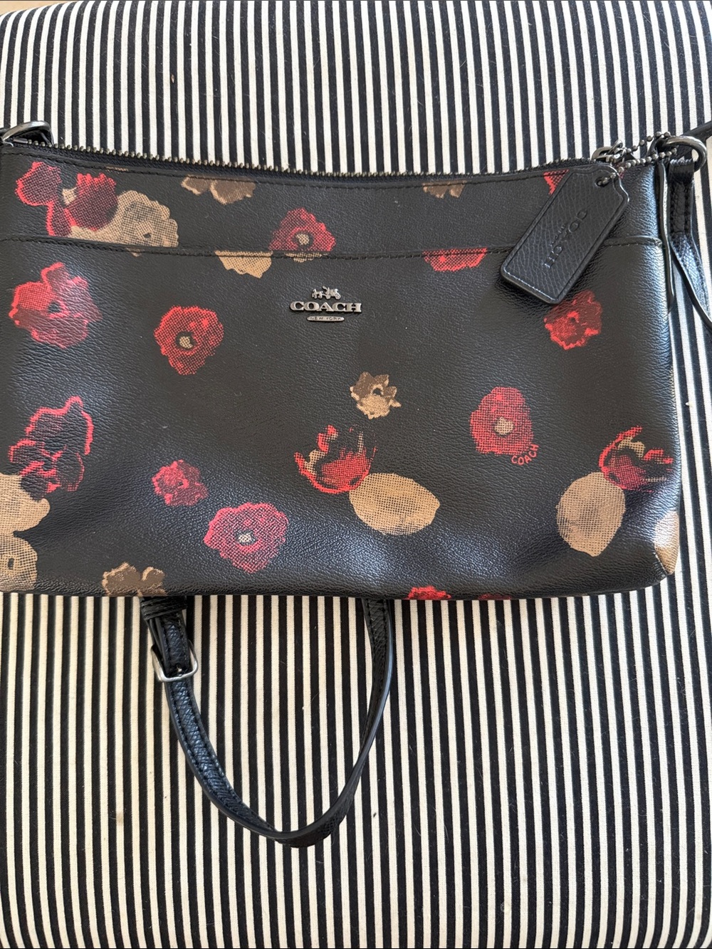 COACH Black Floral Print Leather Crossbody with Red and Tan Blooms